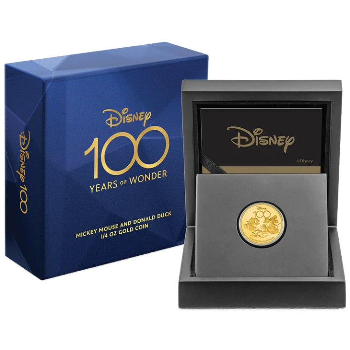 Niue: Disney 100 Años de Maravilla - Mickey Mouse y el Pato Donald 1/4 oz Oro 2023 Proof