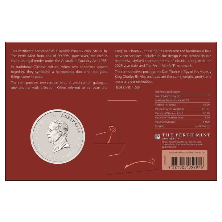 Chinese Myths and Legends: Double Phoenix Coloured (vivid) 1 oz Silver 2025 (Coin in Card)