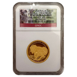 Koala 1 uncja Złota 2014 Proof High Relief NGC PF69 Ultra Cameo One First of 200 Struck