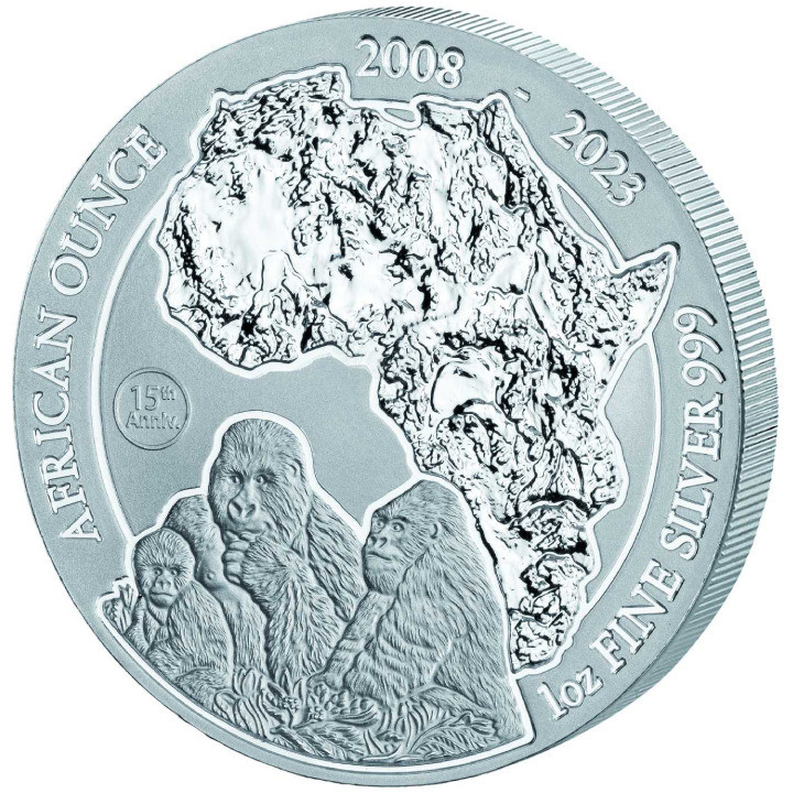 Ruanda: Onza Africana - 15 Aniversario Gorila de Montaña 1 oz Plata 2023