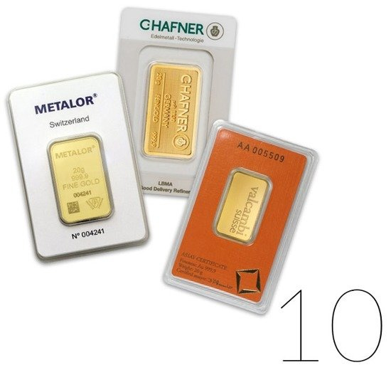 Lingote de oro de 20 gramos PAQUETE DE 10 PAQUETES