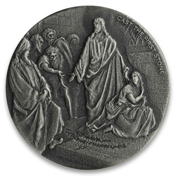 Niue: Biblické - Hoď první kamenem 2 unce stříbra 2019 Proof Antiqued Coin