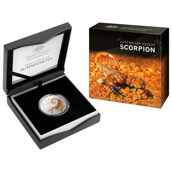 Najniebezpieczniejsze stworzenia Australii: Desert Scorpion kolorowany 1 uncja Srebra 2023 Proof