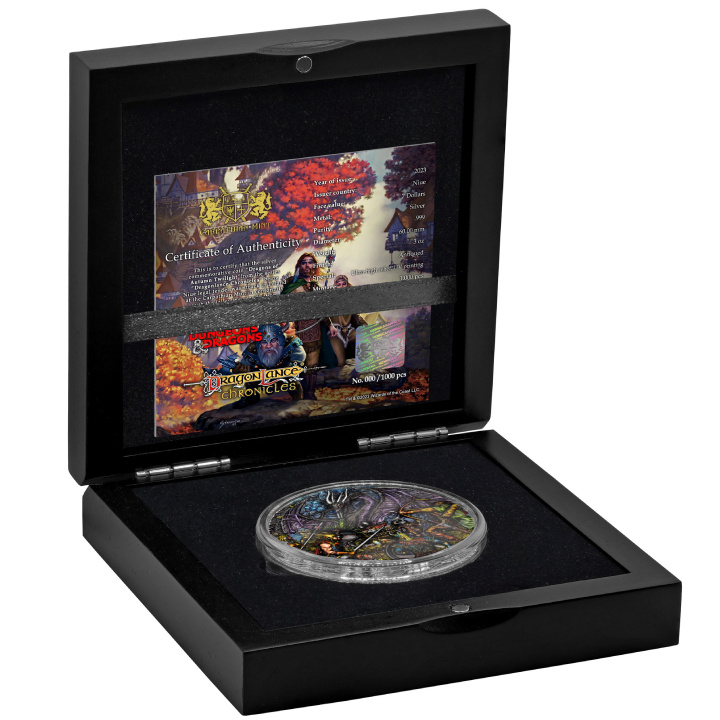 Niue: Dragonlance Chronicles - Dragons of Autumn Twilight kolorowany 3 uncje Srebra 2023 High Relief Antiqued Coin