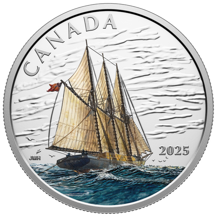 Canada: Tall Ships - Three-Masted Schooner colorato $15 Argento 2025 Proof