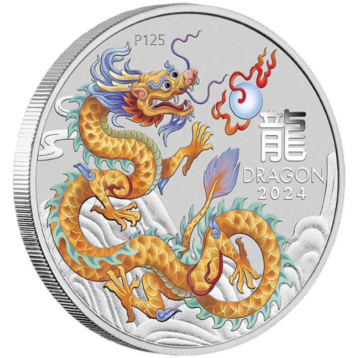 Perth Mint: Lunar III - Year of the Dragon "Golden Dragon" coloured 1 oz Silver 2024 (ANA Show Special)