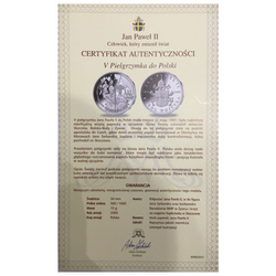 Medaile Jana Pavla II. - 5. pouť do Polska 22.5.1995 Stříbro + certifikát