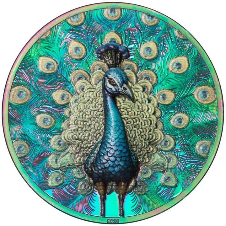 Cookovy ostrovy: Spectrum – Peacock kolorovaný 1 unce Stříbra 2025 Prisma Proof