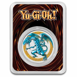 Niue: Yu-Gi-Oh! Blue-Eyes White Dragon kolorowany - 25. rocznica 1 uncja Srebra 2023 Slab