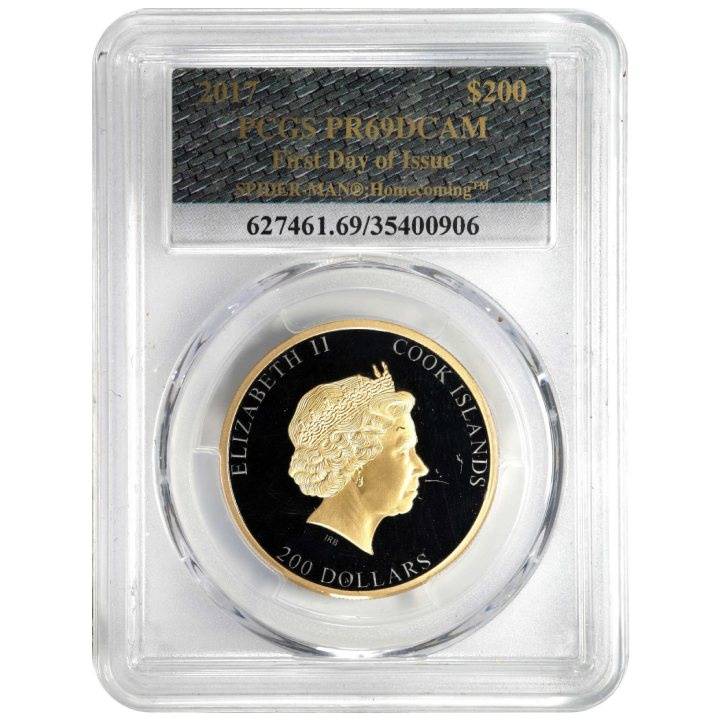 Isole Cook: Spider-Man Homecoming 1 oncia d'oro 2017 Black Proof PCGS PR69 DCAM Primo giorno di emissione