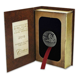 Niue: Biblické - Samson zabíjí lva 2 unce stříbra 2019 Proof Antiqued Coin