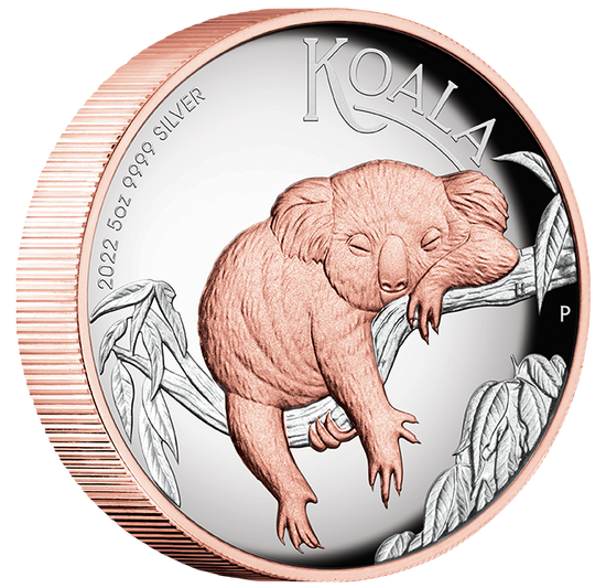 Koala australiano placcato in oro 5 once d'argento 2022 Proof High Relief