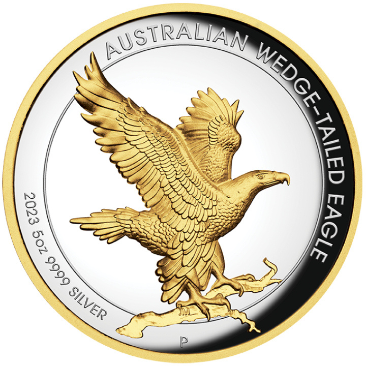 Aquila australiana placcata in oro 5 once d'argento 2023 Proof Alto rilievo