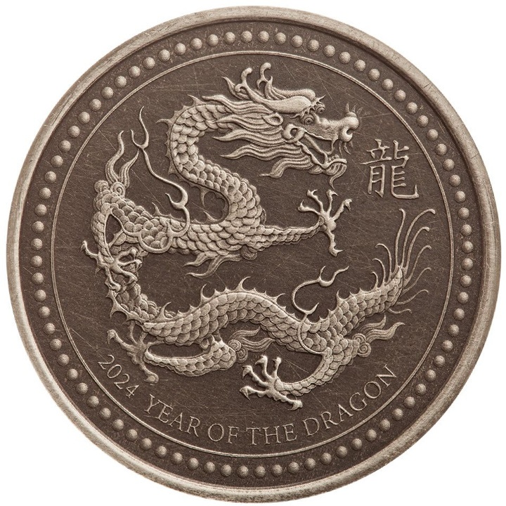 Samoa: Year of the Dragon 2 oz Silver 2024Antiqued Coin