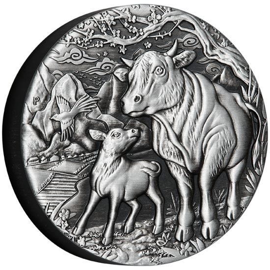 Lunar III: Rok Bawoła 2 uncje Srebra 2021 Antique Finish
