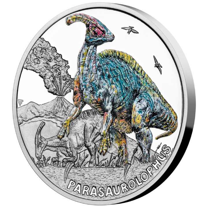 Niue: Mundo Prehistórico - Parasaurolophus coloreado 1 oz Plata 2023 Proof