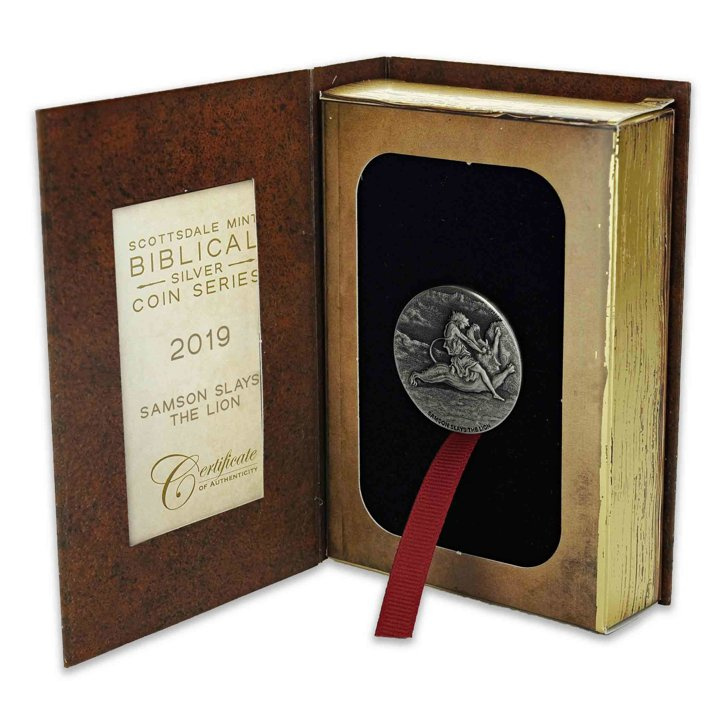 Niue: Biblical - Samson Slays the Lion 2 uncje Srebra 2019 Proof Antiqued Coin