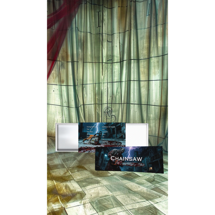 Ghana: Bloody Chainsaw coloreada 2 onzas Plata 2025 Moneda con forma envejecida