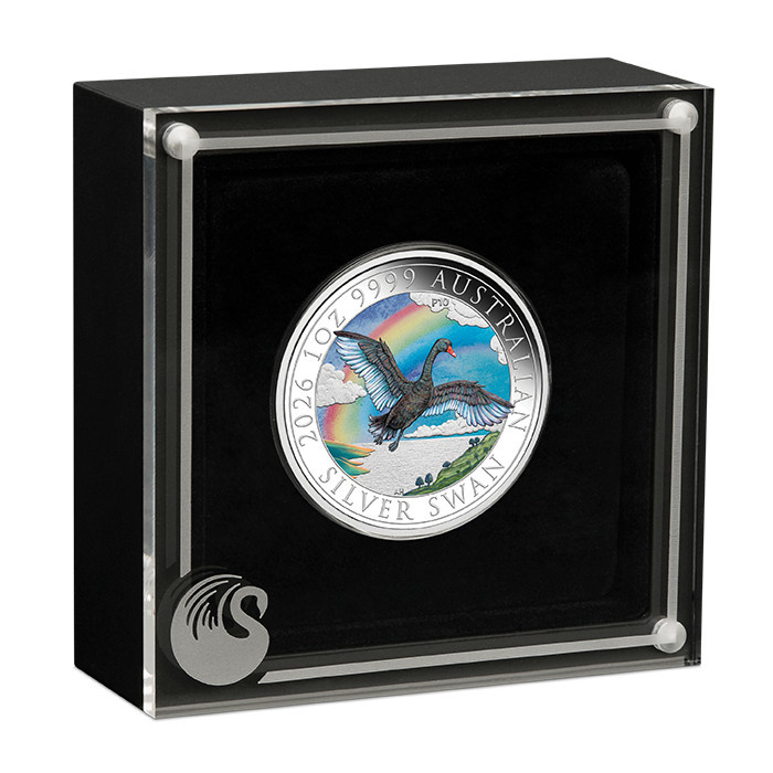 Stříbrná mince Labuť kolorovaná 1 unce stříbra 2026 Perth Money Expo ANDA Coin Show Special