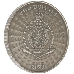 Niue: Mundo de los críptidos - Jinn $2 plata coloreada 2023 Moneda en alto relieve envejecida