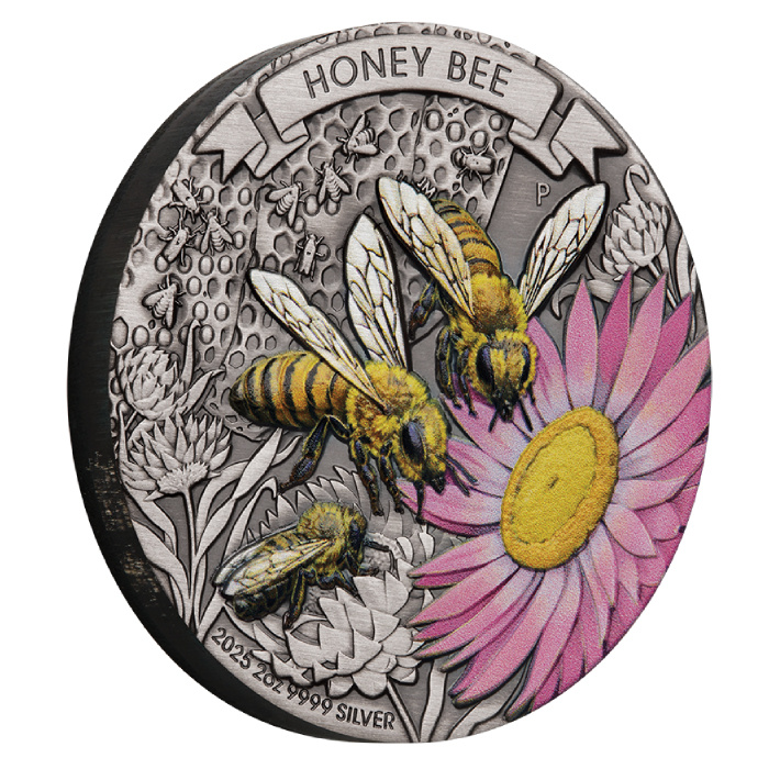 Australia: Honey Bee colorida 2 oz Plata 2025 Antiqued Coin