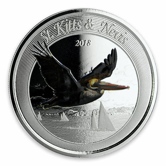 St. Kitts & Nevis: Brown Pelican coloured 1 oz Silver 2018 Proof