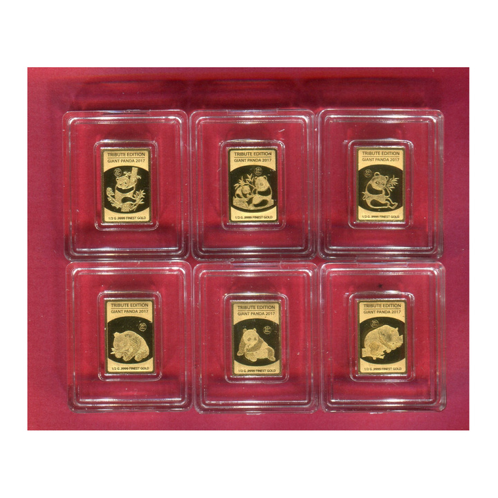 Solomon Islands: Set of 6 Gold Panda Tribute Edition Coin-Bars 3 grams Gold 2017
