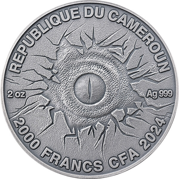 Camerun Lost World - Tyrannosaurus Rex 2 oz Argint 2024 High Relief Antiqued Coin