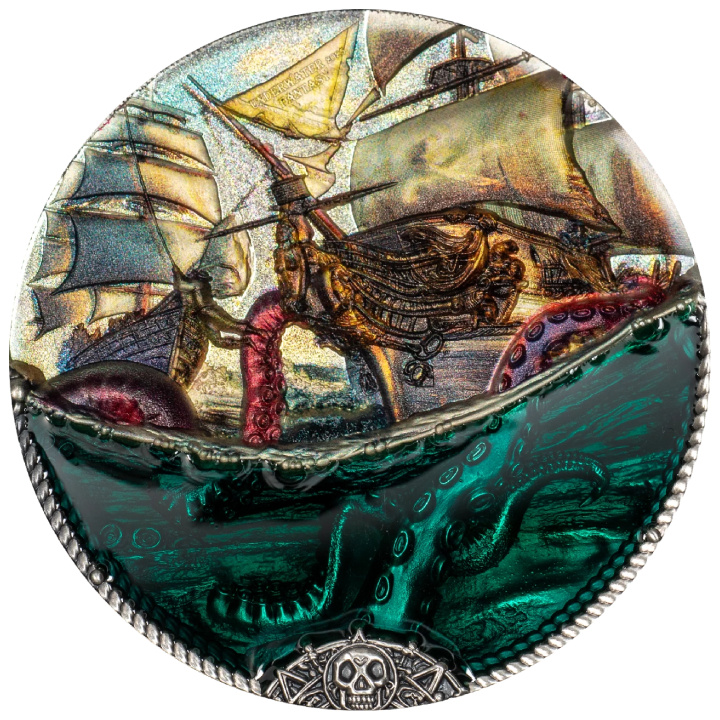 Îles Cook : Underwater Fantasy - Sea Monster colorée 3 onces d'argent 2025 Antiqued Coin