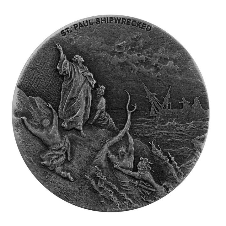 Niue: Bíblica - San Pablo Náufrago 2 oz Plata 2021 Proof Antiqued Coin