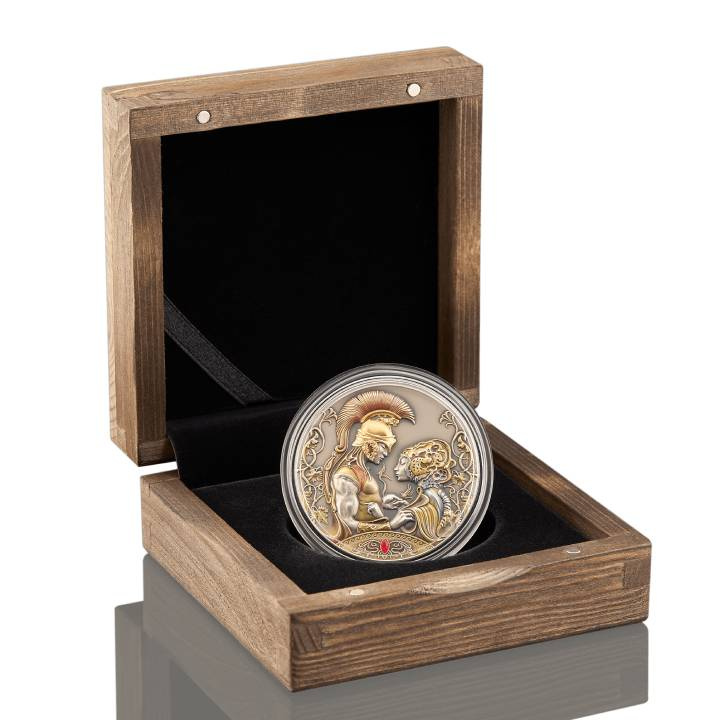 Niue: Myths of Love - Medea's and Jason's Love coloured, gold plated $5 Plata 2022 Moneda en alto relieve envejecida