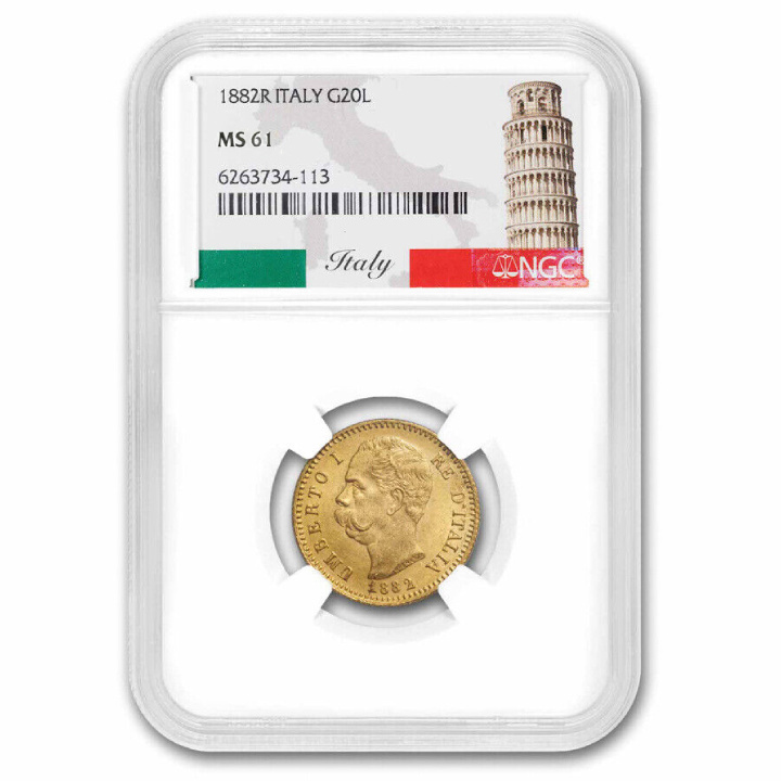 Włochy 20 Lirów Złoto 1882 MS-61 NGC