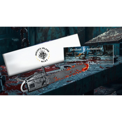 Ghana: Bloody Chainsaw coloreada 2 onzas Plata 2025 Moneda con forma envejecida