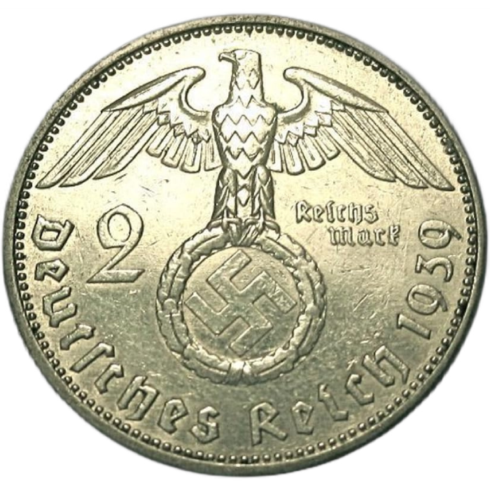 Alemania, Tercer Reich – Moneda de Plata de 2 Reichsmark Paul von Hindenburg (con esvástica) 1936–1939