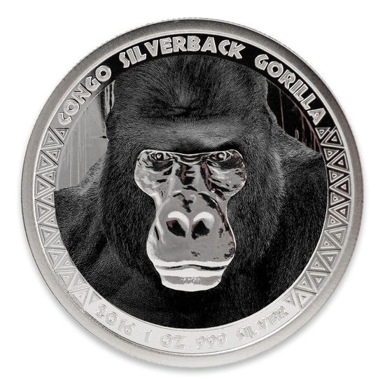Congo: Goryl srebrnogrzbiety kolorowany 1 uncja Srebra 2016 Proof