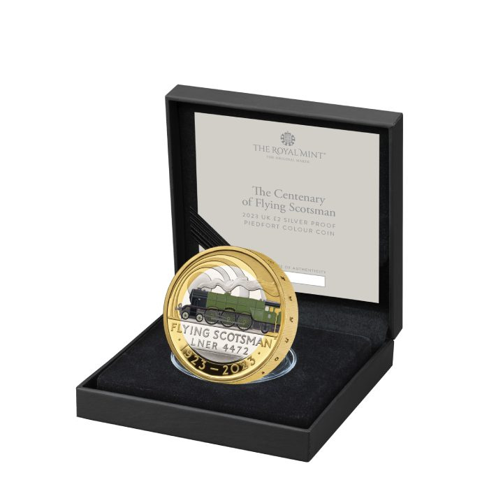 The Centenary of the Flying Scotsman £2 pozłacany, kolorowany Srebro 2023 Proof Piedfort