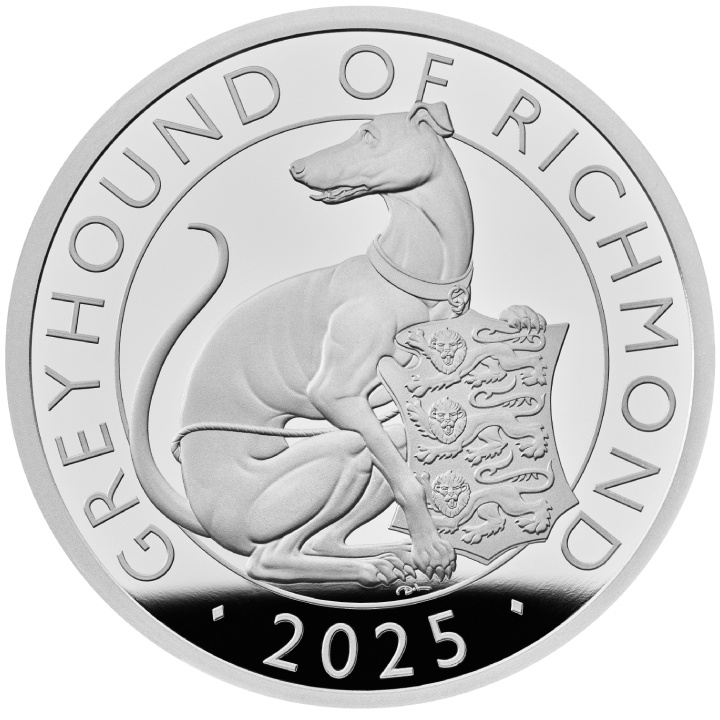 The Royal Tudor Beasts: Il levriero di Richmond 1 oncia d'argento 2025 Proof