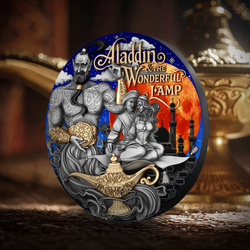 Niue: Aladdin & the Wonderful Lamp colorata/dorata 2 once d'argento 2025 Moneta antica