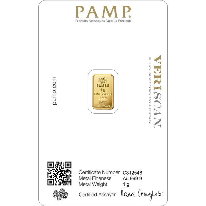 Lingot d’or de 1 g PAMP Lady Fortuna VERISCAN en écrin – coffret cadeau