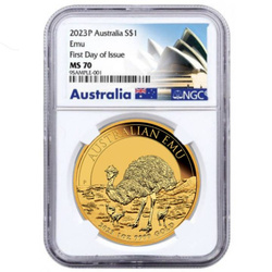 Émeu australien 1 once d'or 2023 MS 70 NGC Premier jour d'émission