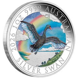 Stříbrná mince Labuť kolorovaná 1 unce stříbra 2026 Perth Money Expo ANDA Coin Show Special