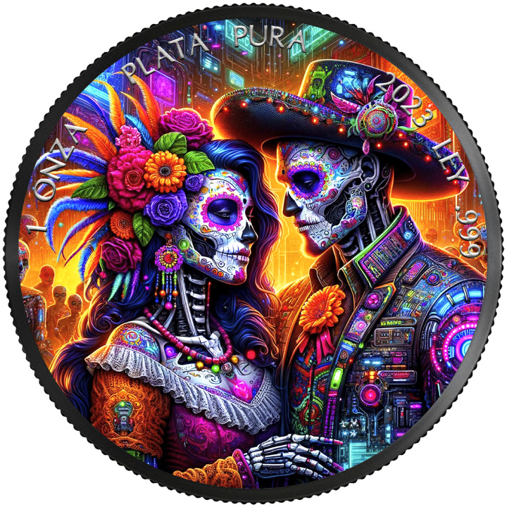 Messico: Dia de los Muertos “Cyberpunk” colorato 1 oncia d'argento 2023