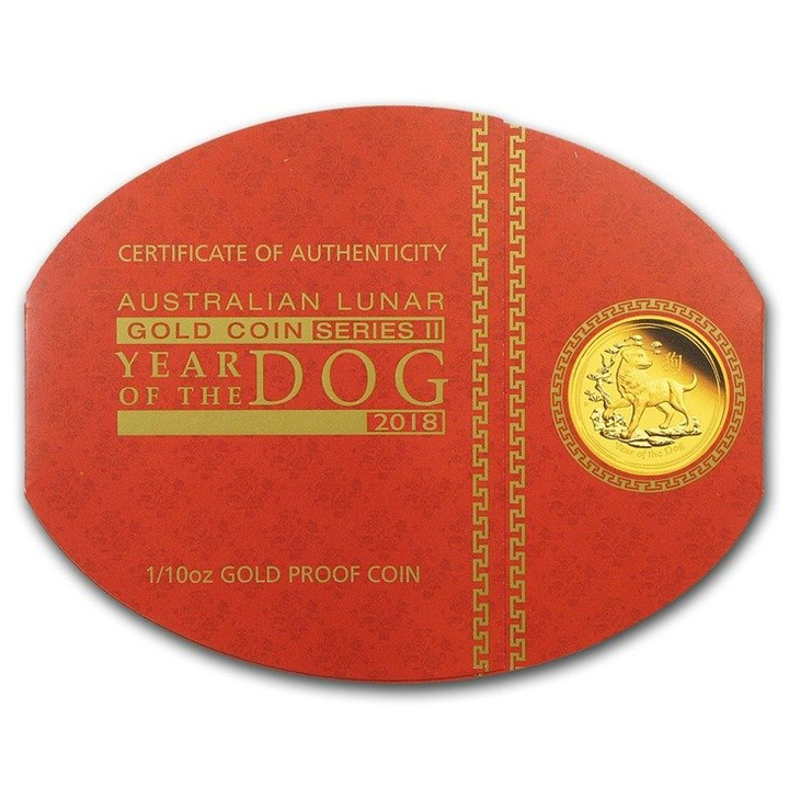Lunar II: Anno del Cane 1/10 oncia d'oro 2018 PROOF