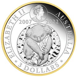 Koala pozlacená 15. výročí 3 unce stříbra 2022 Proof