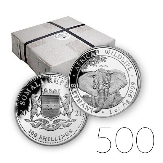 Fauna africana: Elefante somalí 1 oz Plata 2021 PAQUETE DE 500 BOLSITAS