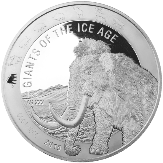 Ghána: A jégkorszak óriásai – szőrös mamut 1000 gramm ezüst 2019