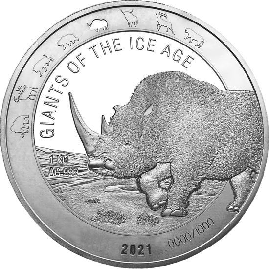 Ghana: Giants of the Ice Age - Nosorożec Włochaty 1000 gramów Srebra 2021