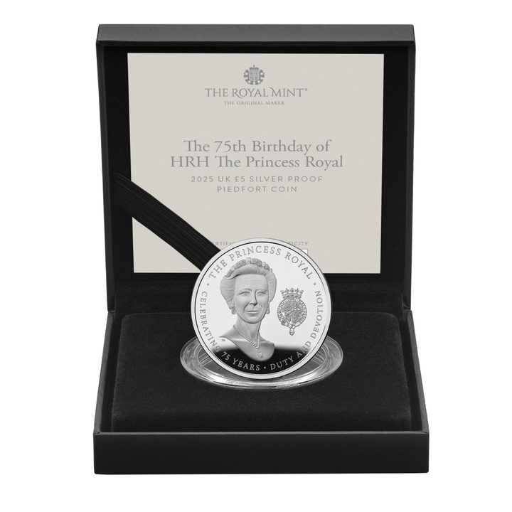 A 75-a aniversare a ASR Prințesa Regală 5 lire sterline argint 2025 Proof Piedfort
