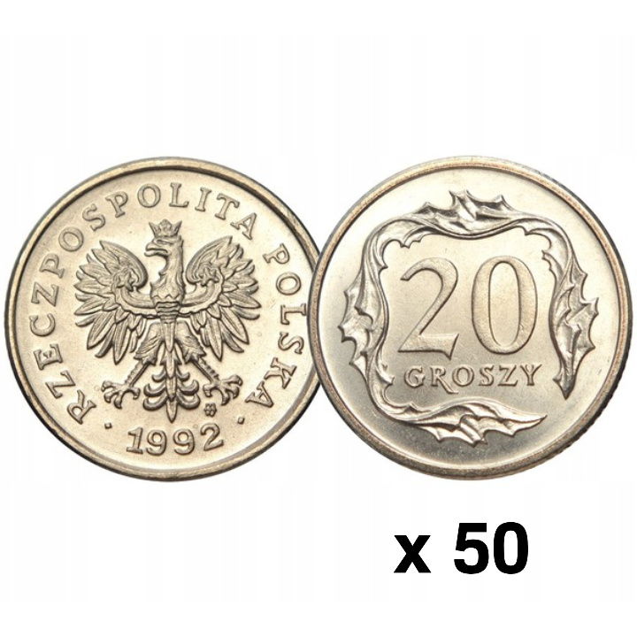 Lengyel Nemzeti Bank: 20 groszy bankjegy tekercs (50 darab) – különböző évjáratok