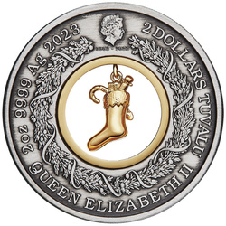 Tuvalu: The Night Before Christmas kolorowany, pozłacany 2 uncje Srebra 2023 Antiqued Coin